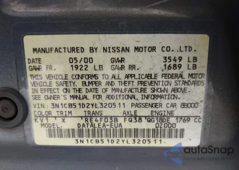 2000 Nissan Sentra Gxe/Xe из США, поврежденный, VIN 3N1CB51D2YL320511